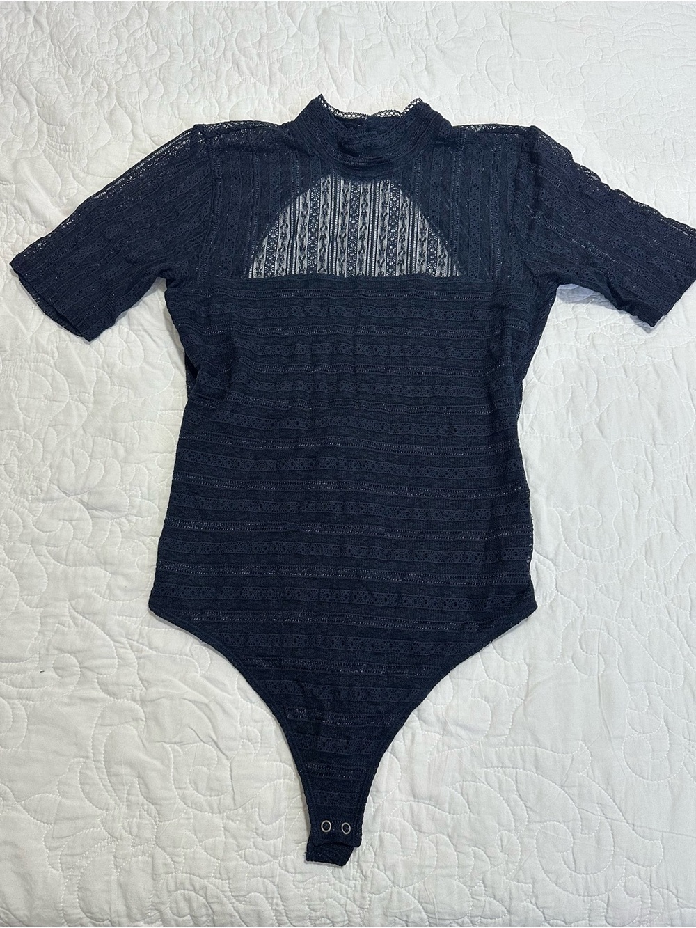 Abercrombie & Fitch Lace Open Back Mock Neck Thong Bodysuit Stretch Navy Sz S